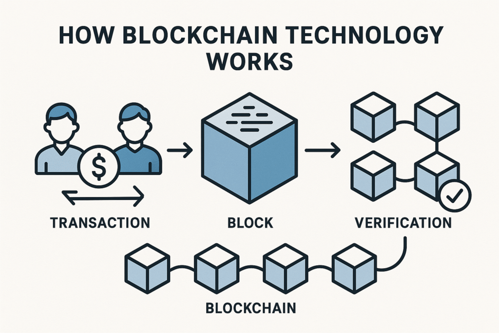 "Diagram illustrating how blockchain technology works for cryptocurrency transactions"