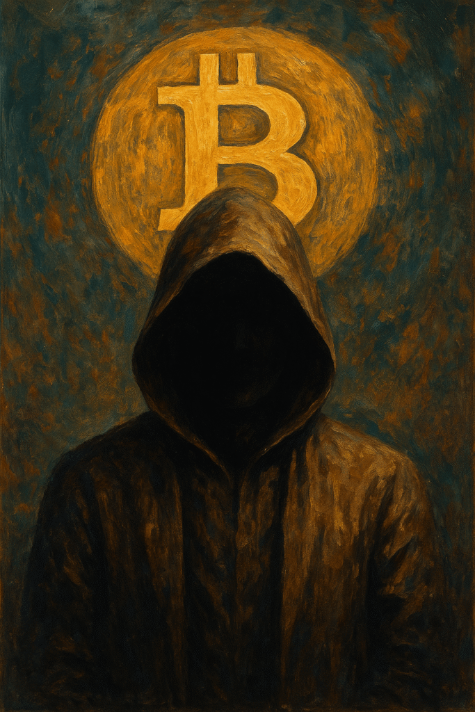 Artistic representation of the anonymous Satoshi Nakamoto, the creator of Bitcoin, symbolizing the mystery behind history of cryptocurrency's origin.